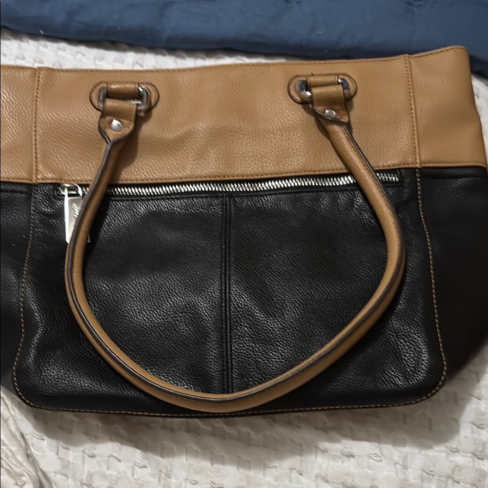 Two-Tone Black and Tan Leather Tote Bag